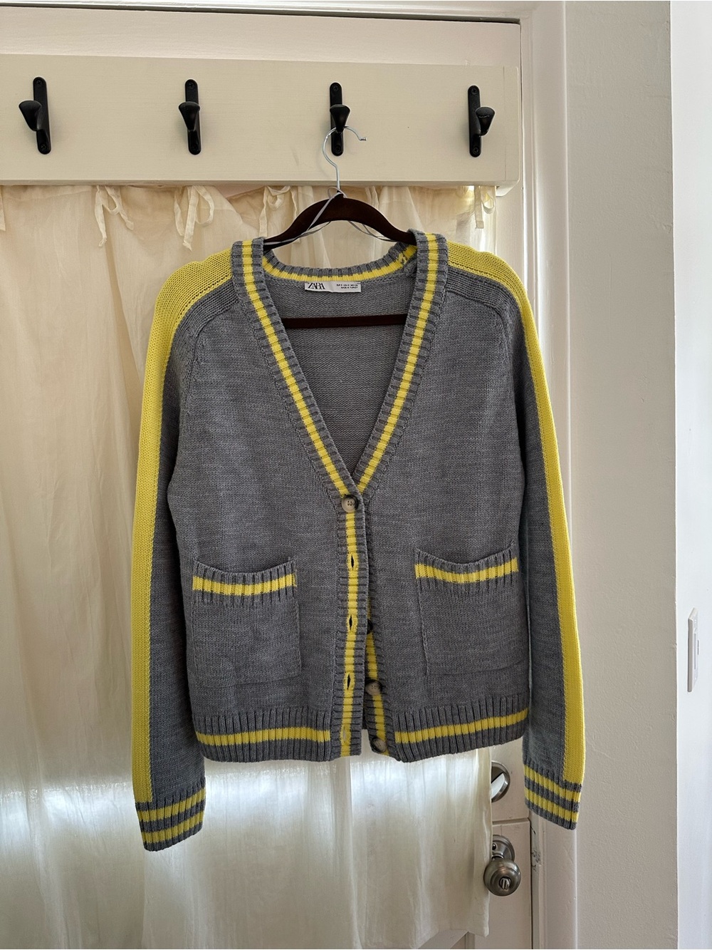 Zara Gray Cardigan with Yellow Trim V-Neck Button Sweater